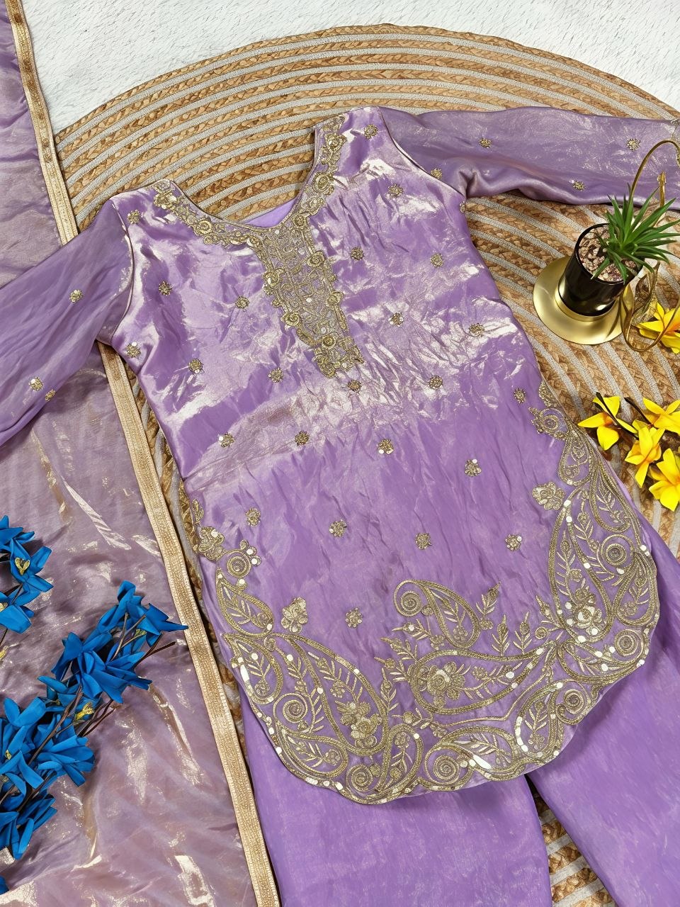 Aadhvika GMY Silk Sequins Embroidered Palazzo Suit with Dupatta