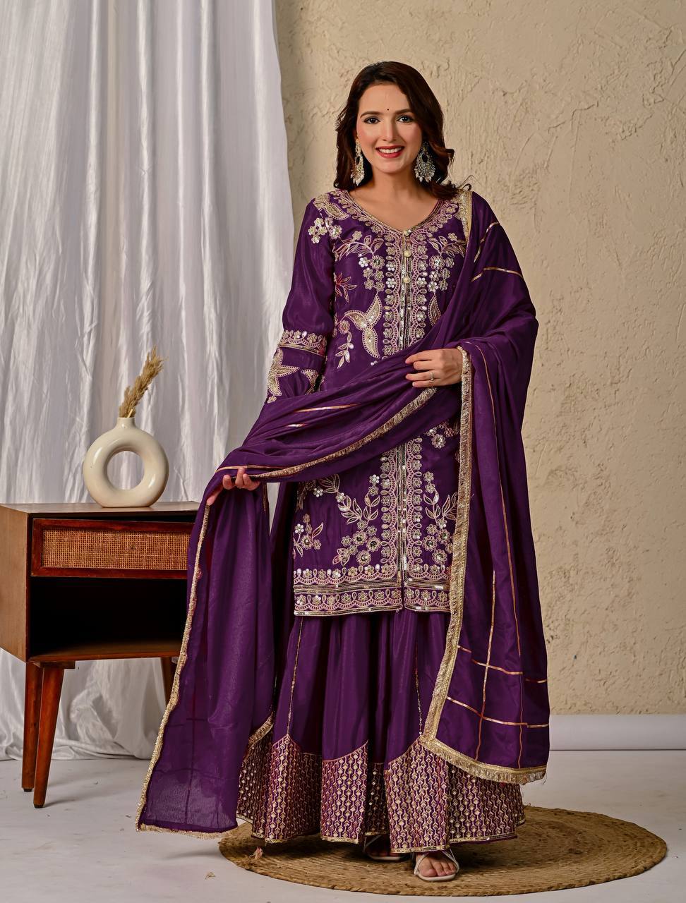 Zehvika Royale Heavy Chinon Silk Coding Sequence Embroidered Sharara Suit Set with Dupatta
