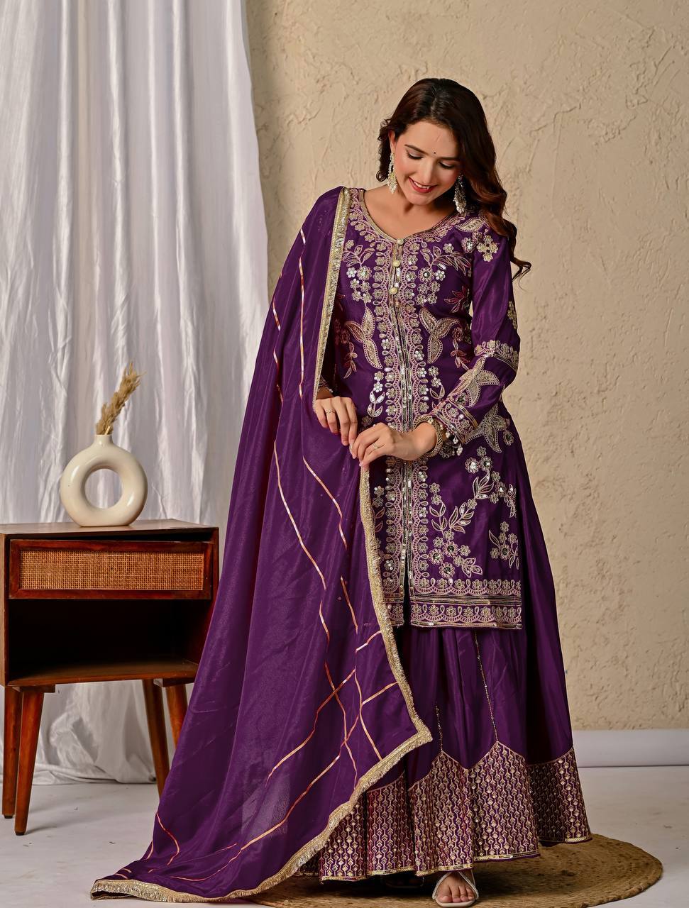 Zehvika Royale Heavy Chinon Silk Coding Sequence Embroidered Sharara Suit Set with Dupatta