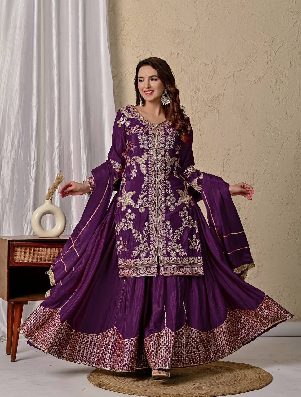 Zehvika Royale Heavy Chinon Silk Coding Sequence Embroidered Sharara Suit Set with Dupatta