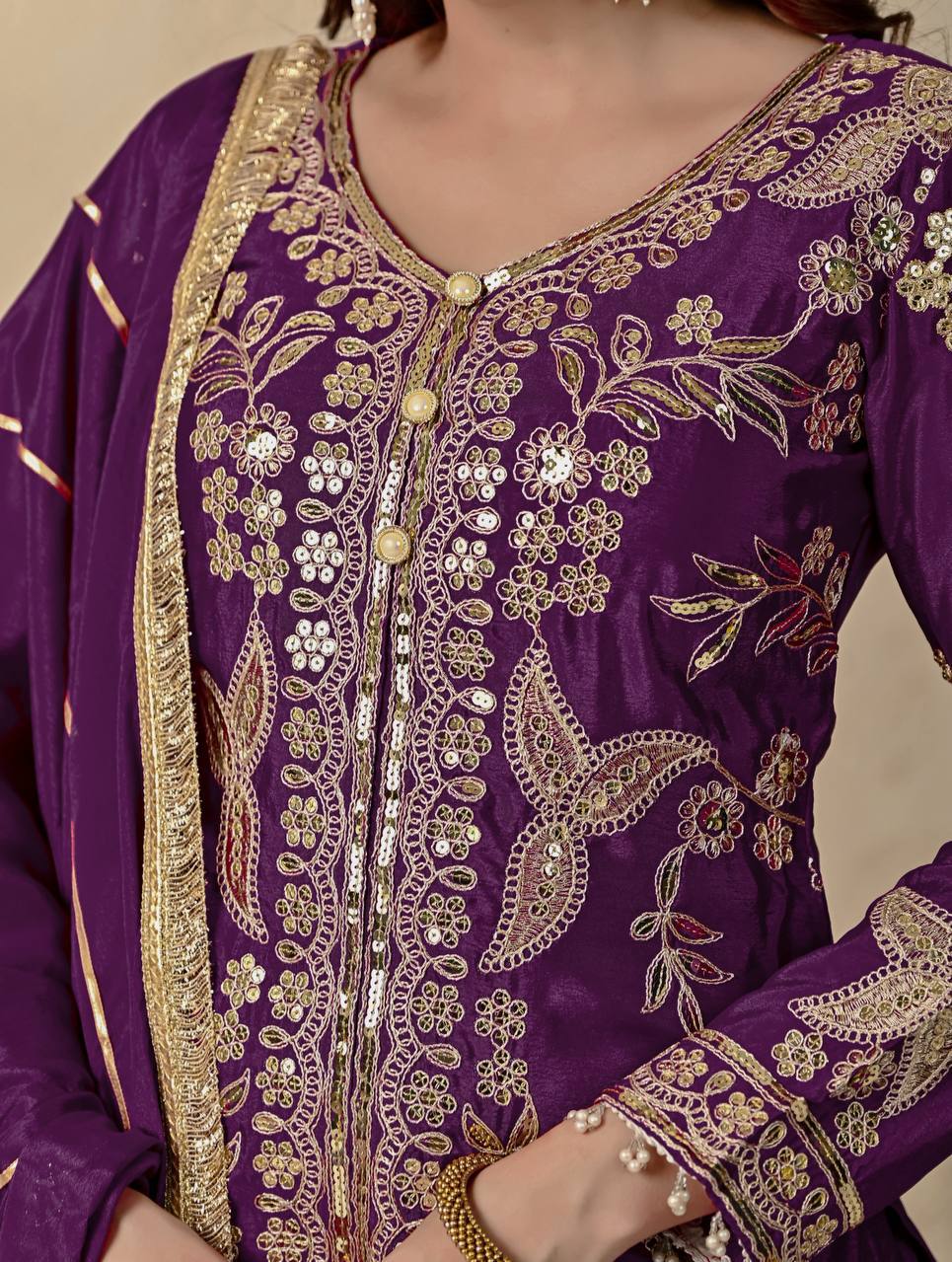 Zehvika Royale Heavy Chinon Silk Coding Sequence Embroidered Sharara Suit Set with Dupatta