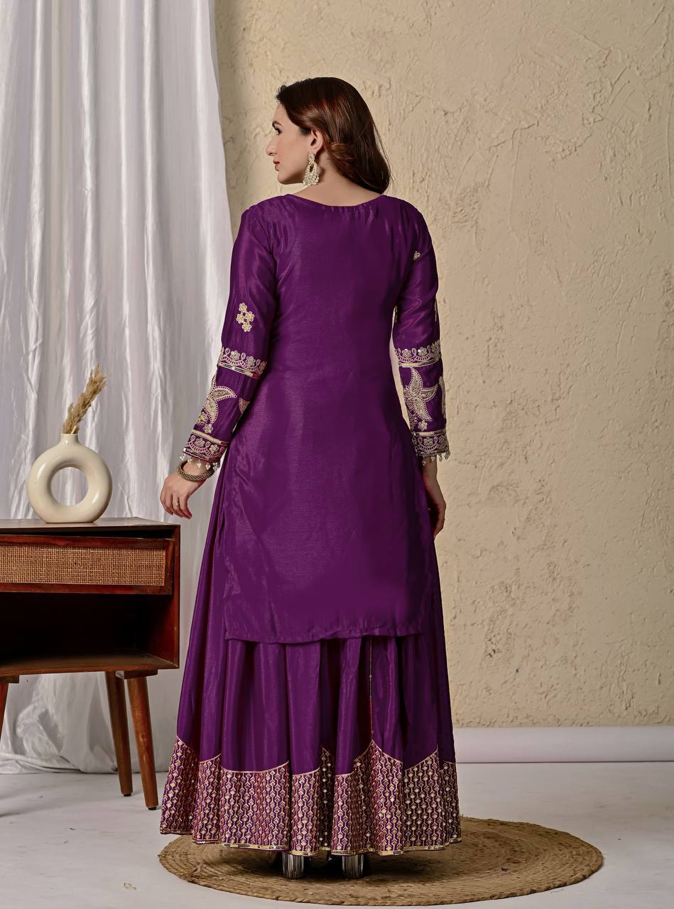 Zehvika Royale Heavy Chinon Silk Coding Sequence Embroidered Sharara Suit Set with Dupatta