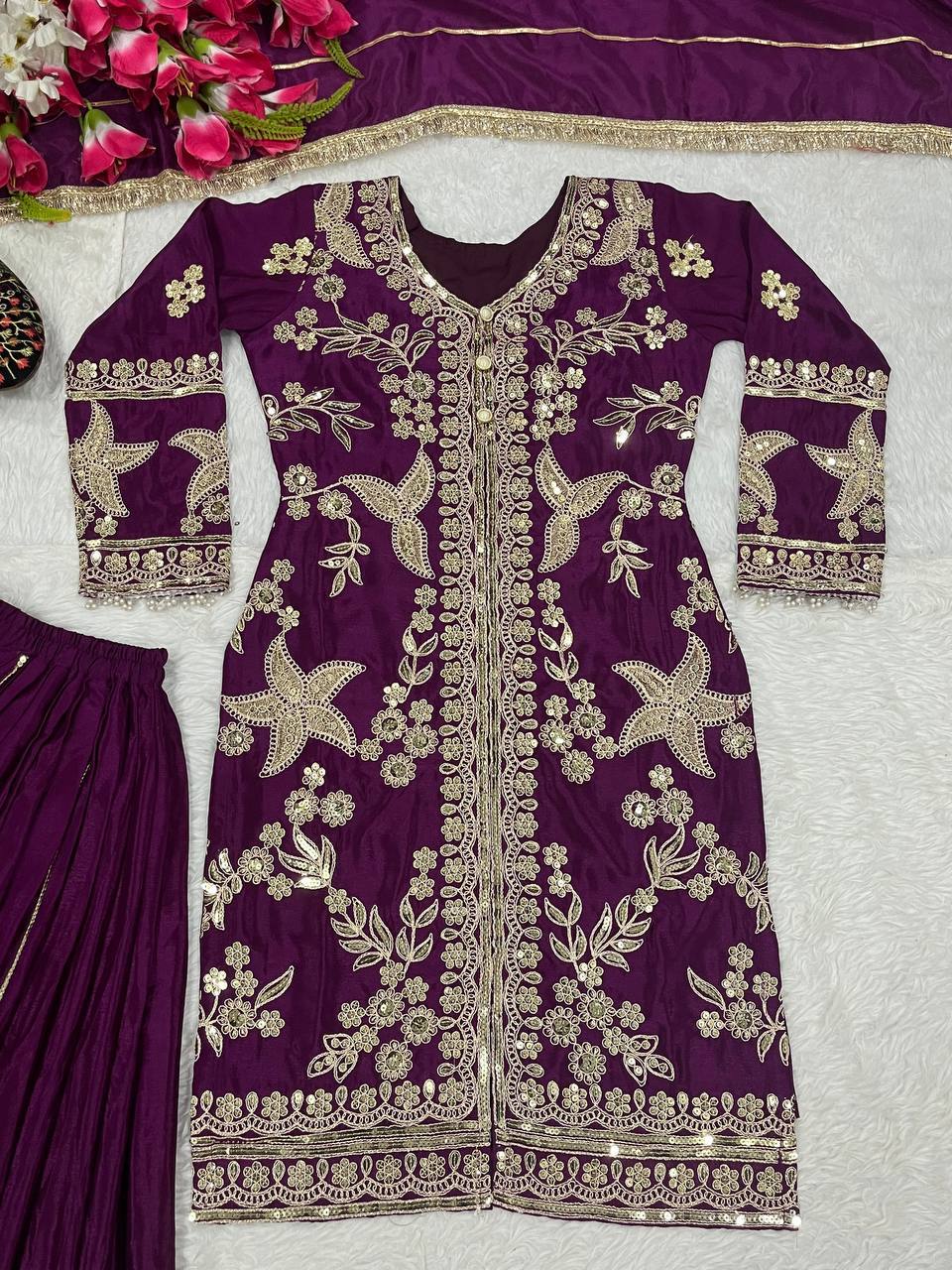 Zehvika Royale Heavy Chinon Silk Coding Sequence Embroidered Sharara Suit Set with Dupatta