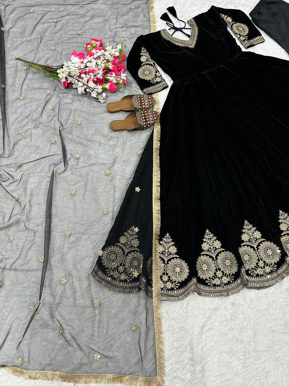 Mahzara Heavy Velvet Embroidered Anarkali Suit with Sequin Net Dupatta