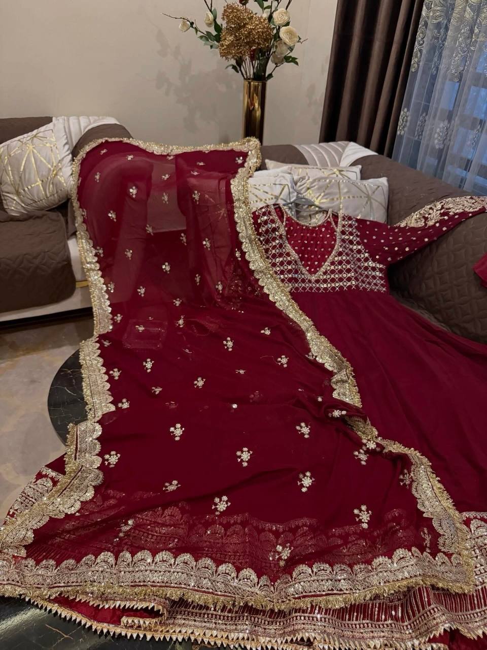 Afsana Étoile Designer Heavy Georgette Sequins Embroidered Anarkali Gown Set with 4 Meter Flair and Embroidered Dupatta