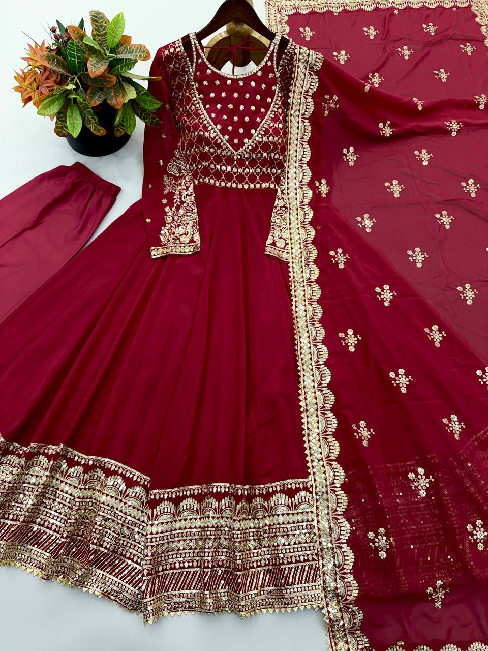 Afsana Étoile Designer Heavy Georgette Sequins Embroidered Anarkali Gown Set with 4 Meter Flair and Embroidered Dupatta