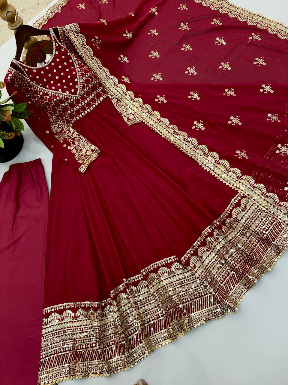 Afsana Étoile Designer Heavy Georgette Sequins Embroidered Anarkali Gown Set with 4 Meter Flair and Embroidered Dupatta