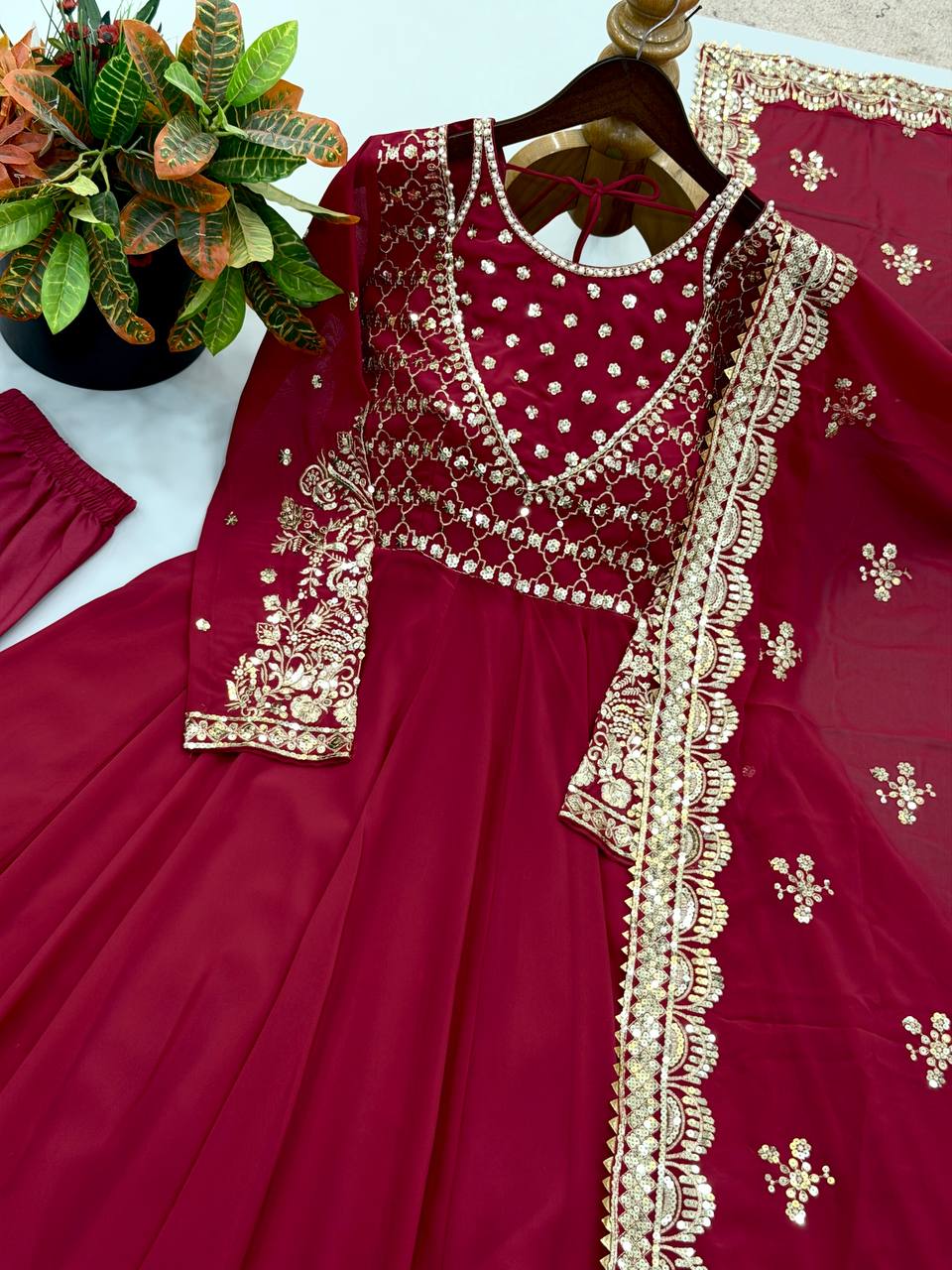 Afsana Étoile Designer Heavy Georgette Sequins Embroidered Anarkali Gown Set with 4 Meter Flair and Embroidered Dupatta