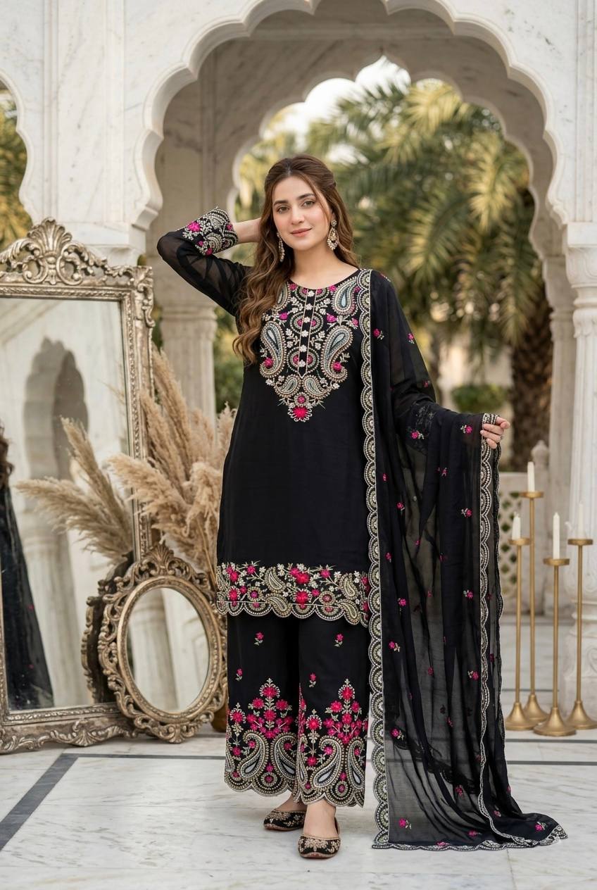Yashvi Roman Silk Sequins Embroidered Palazzo Suit with Designer Dupatta