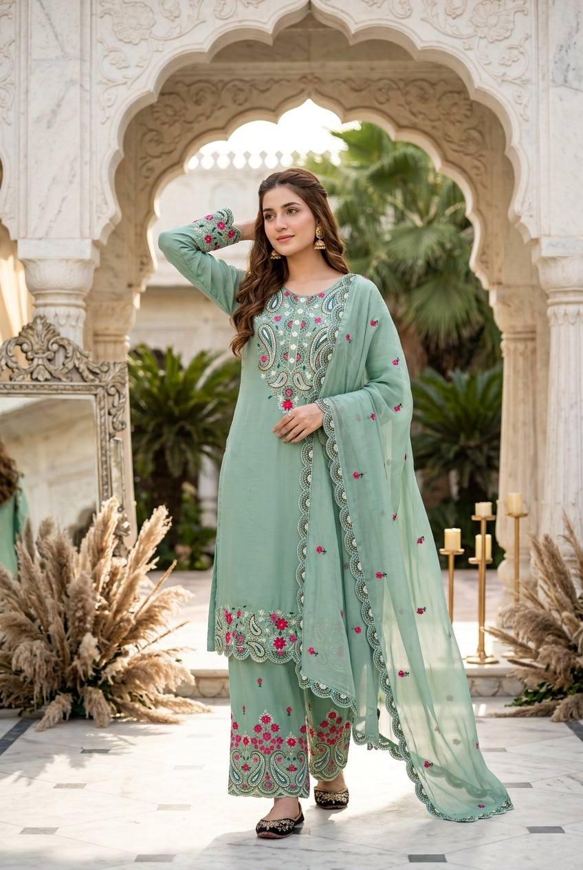 Yashvi Roman Silk Sequins Embroidered Palazzo Suit with Designer Dupatta