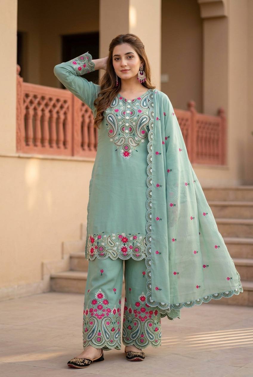 Yashvi Roman Silk Sequins Embroidered Palazzo Suit with Designer Dupatta