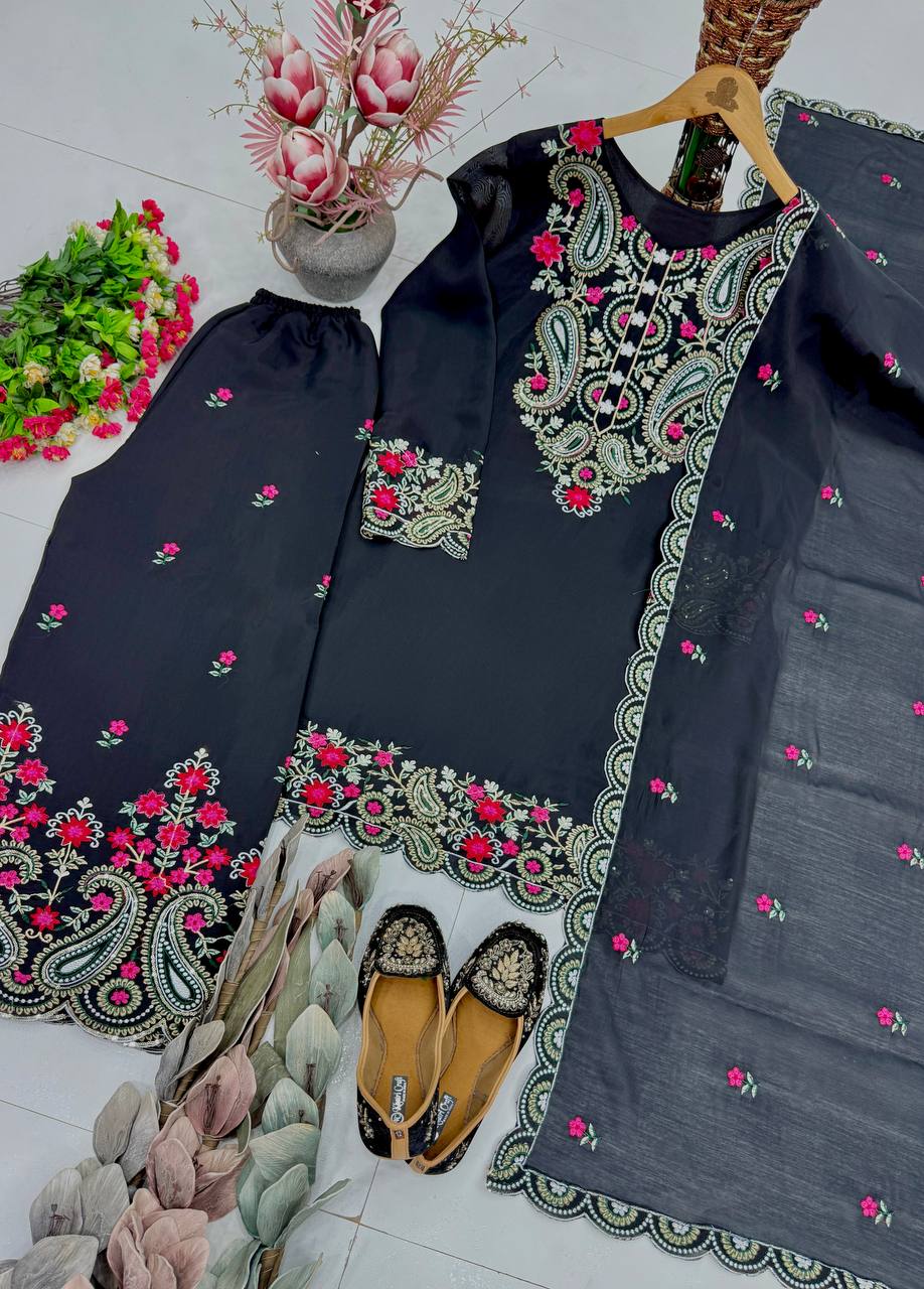 Yashvi Roman Silk Sequins Embroidered Palazzo Suit with Designer Dupatta