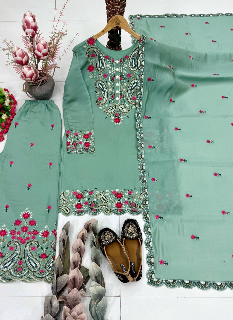 Yashvi Roman Silk Sequins Embroidered Palazzo Suit with Designer Dupatta
