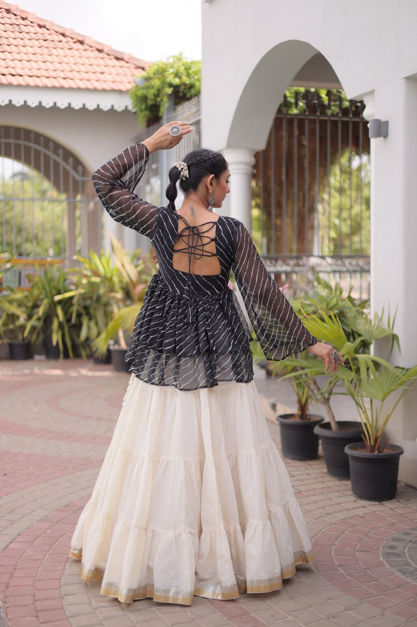 Trishika Kora Cotton Frill Lehenga with Laheriya Kutchi Gamthi Patchwork Top