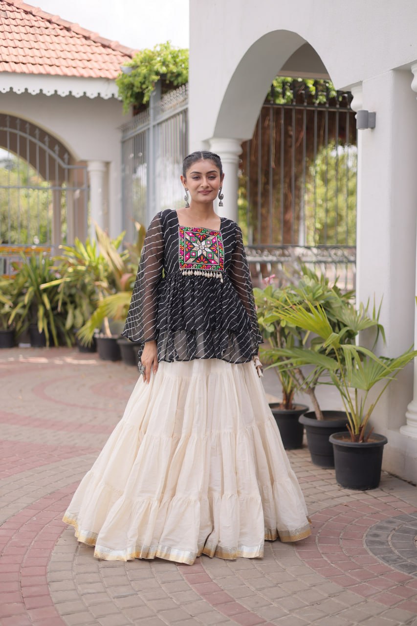 Trishika Kora Cotton Frill Lehenga with Laheriya Kutchi Gamthi Patchwork Top
