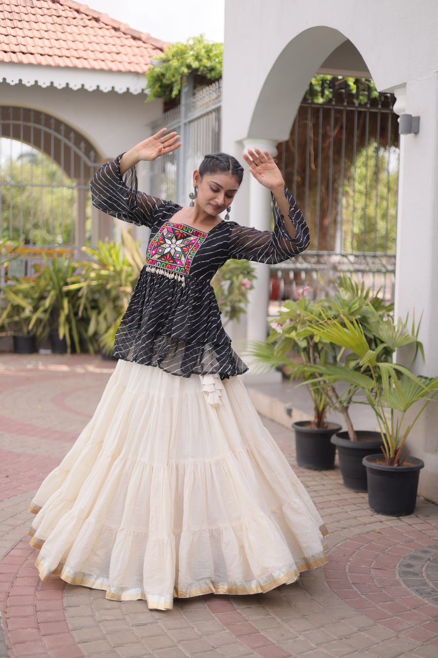 Trishika Kora Cotton Frill Lehenga with Laheriya Kutchi Gamthi Patchwork Top