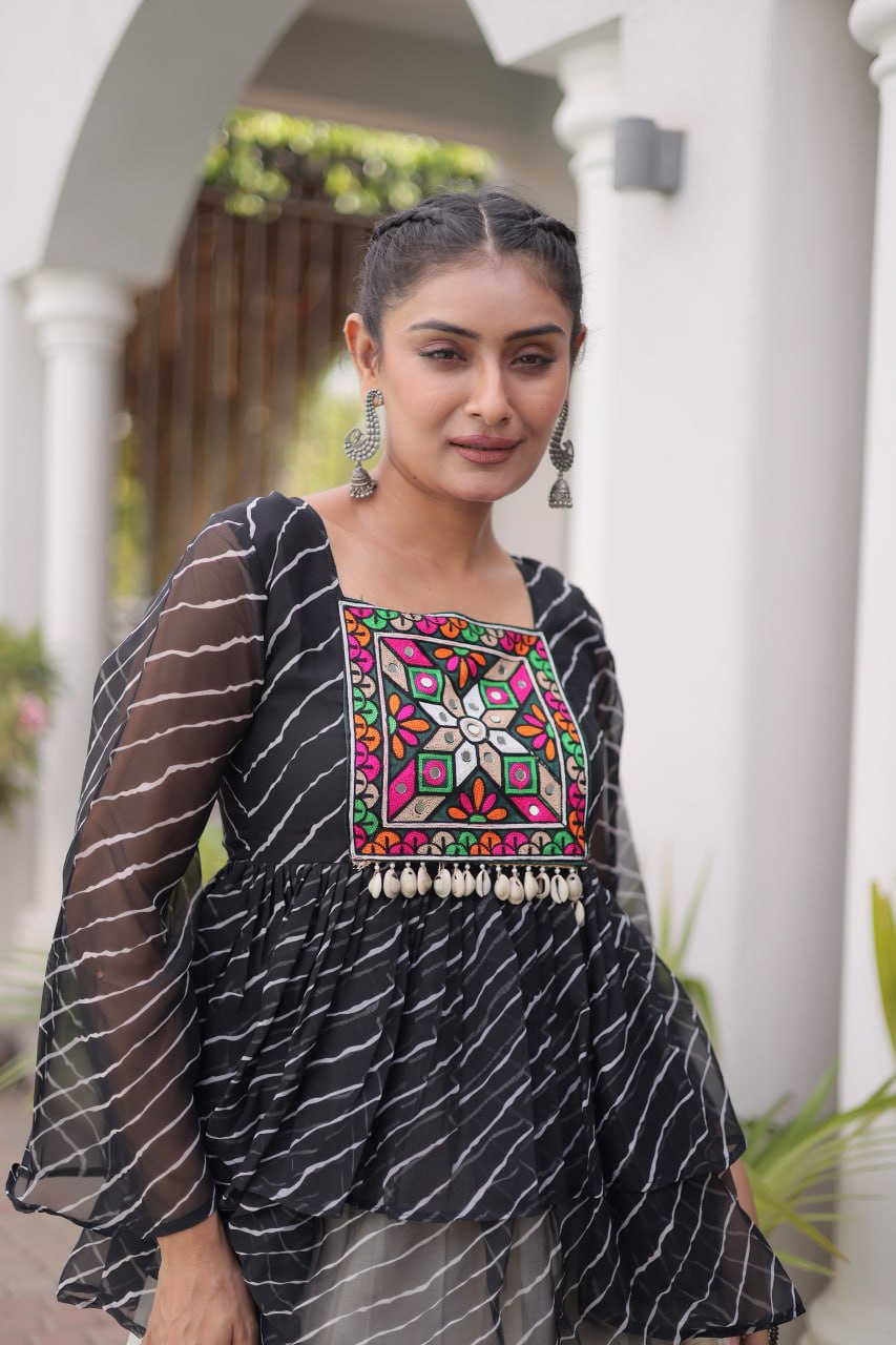 Trishika Kora Cotton Frill Lehenga with Laheriya Kutchi Gamthi Patchwork Top