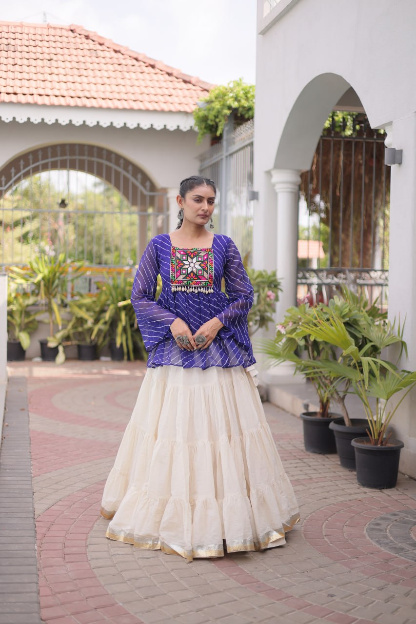 Trishika Kora Cotton Frill Lehenga with Laheriya Kutchi Gamthi Patchwork Top