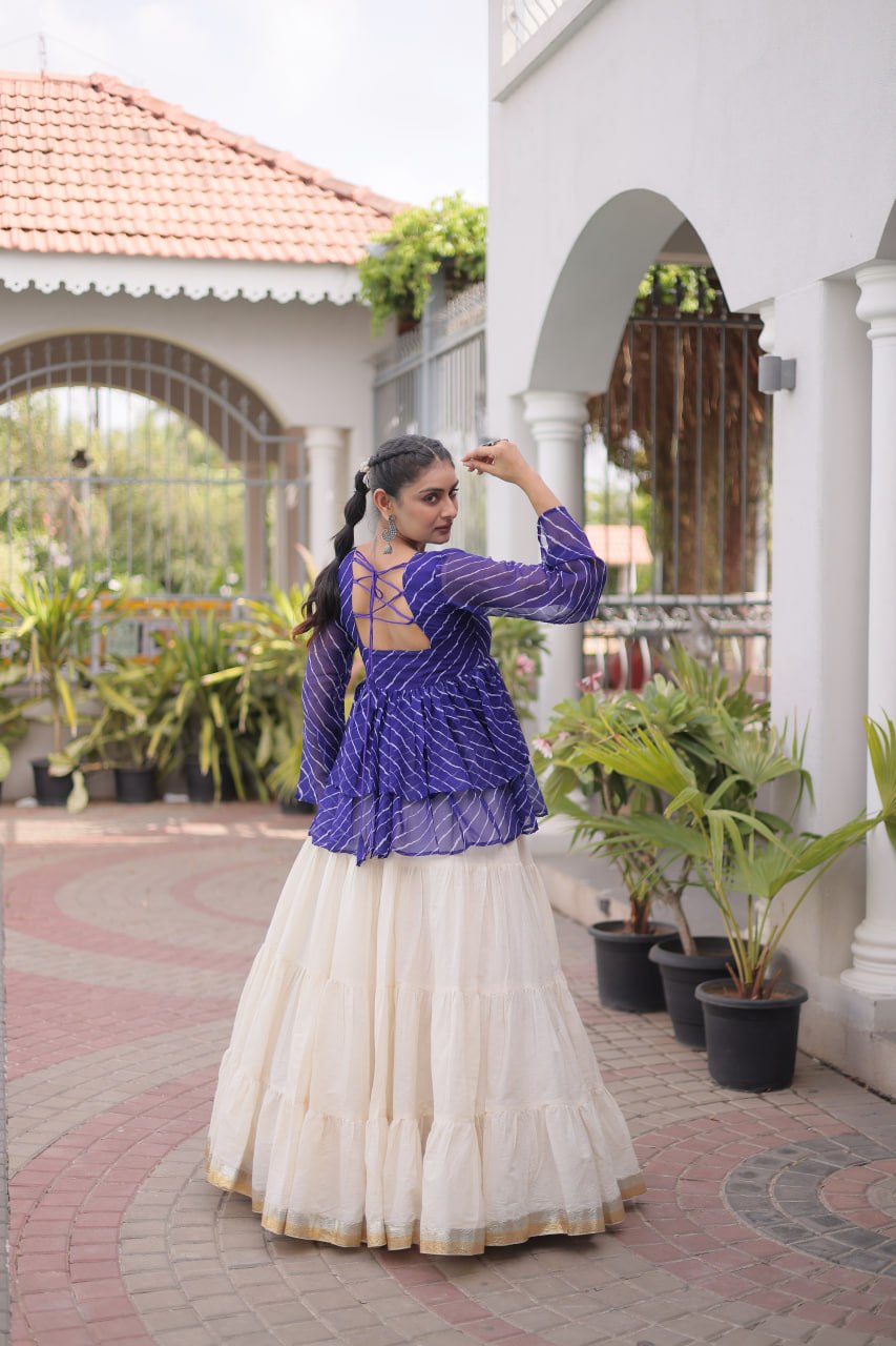 Trishika Kora Cotton Frill Lehenga with Laheriya Kutchi Gamthi Patchwork Top