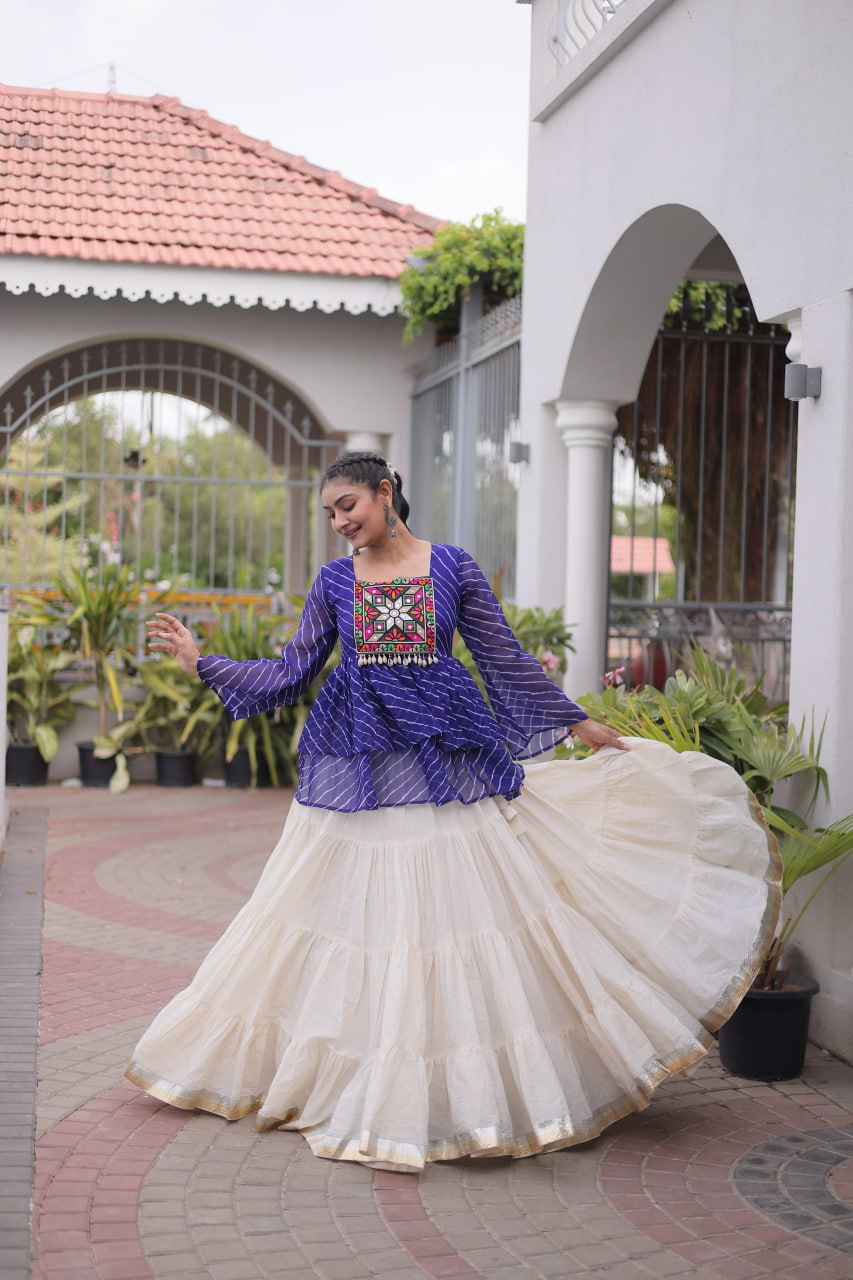 Trishika Kora Cotton Frill Lehenga with Laheriya Kutchi Gamthi Patchwork Top