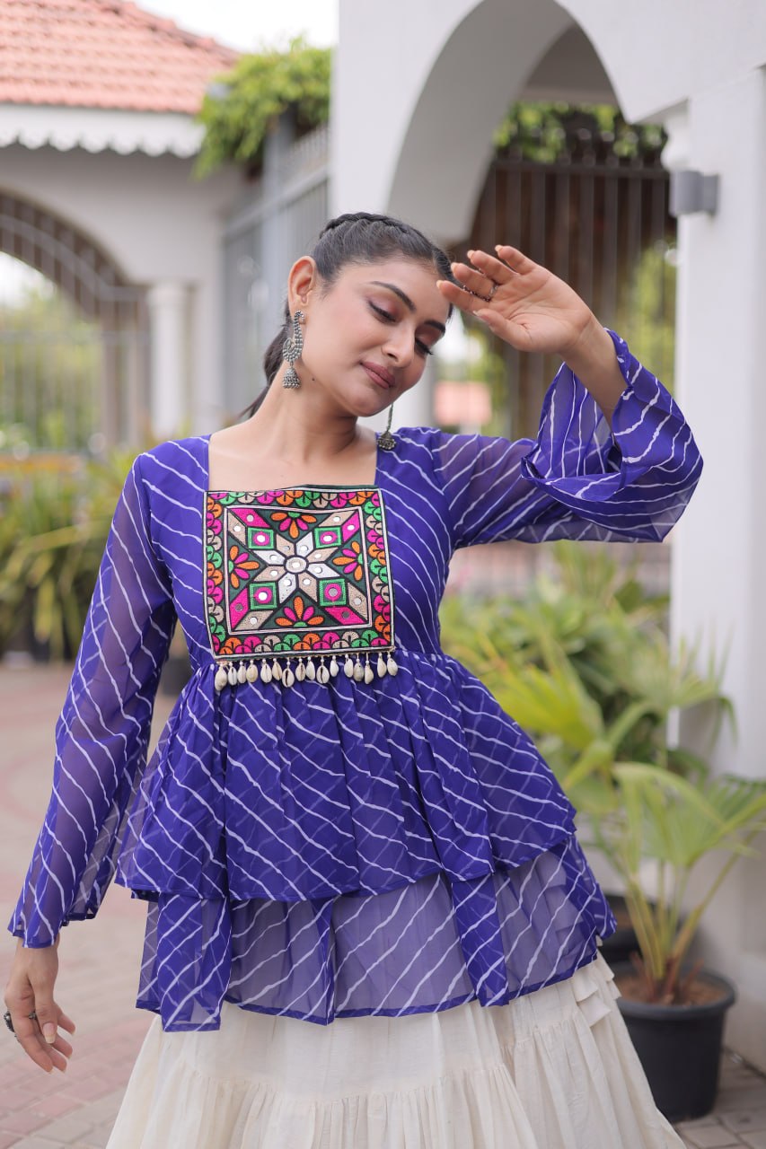 Trishika Kora Cotton Frill Lehenga with Laheriya Kutchi Gamthi Patchwork Top