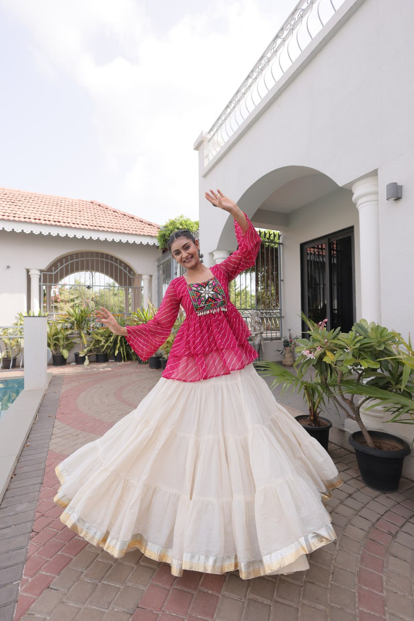 Trishika Kora Cotton Frill Lehenga with Laheriya Kutchi Gamthi Patchwork Top