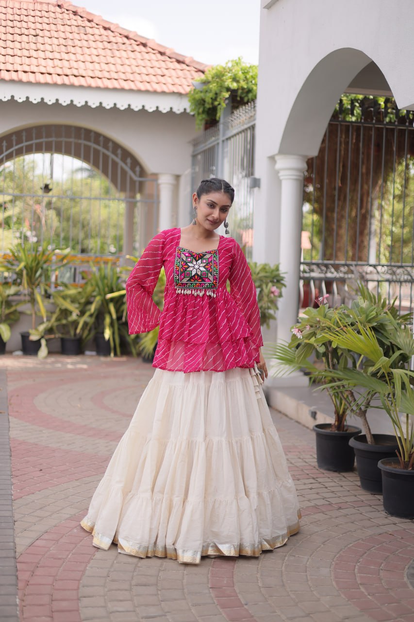 Trishika Kora Cotton Frill Lehenga with Laheriya Kutchi Gamthi Patchwork Top