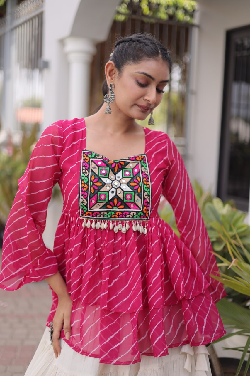 Trishika Kora Cotton Frill Lehenga with Laheriya Kutchi Gamthi Patchwork Top