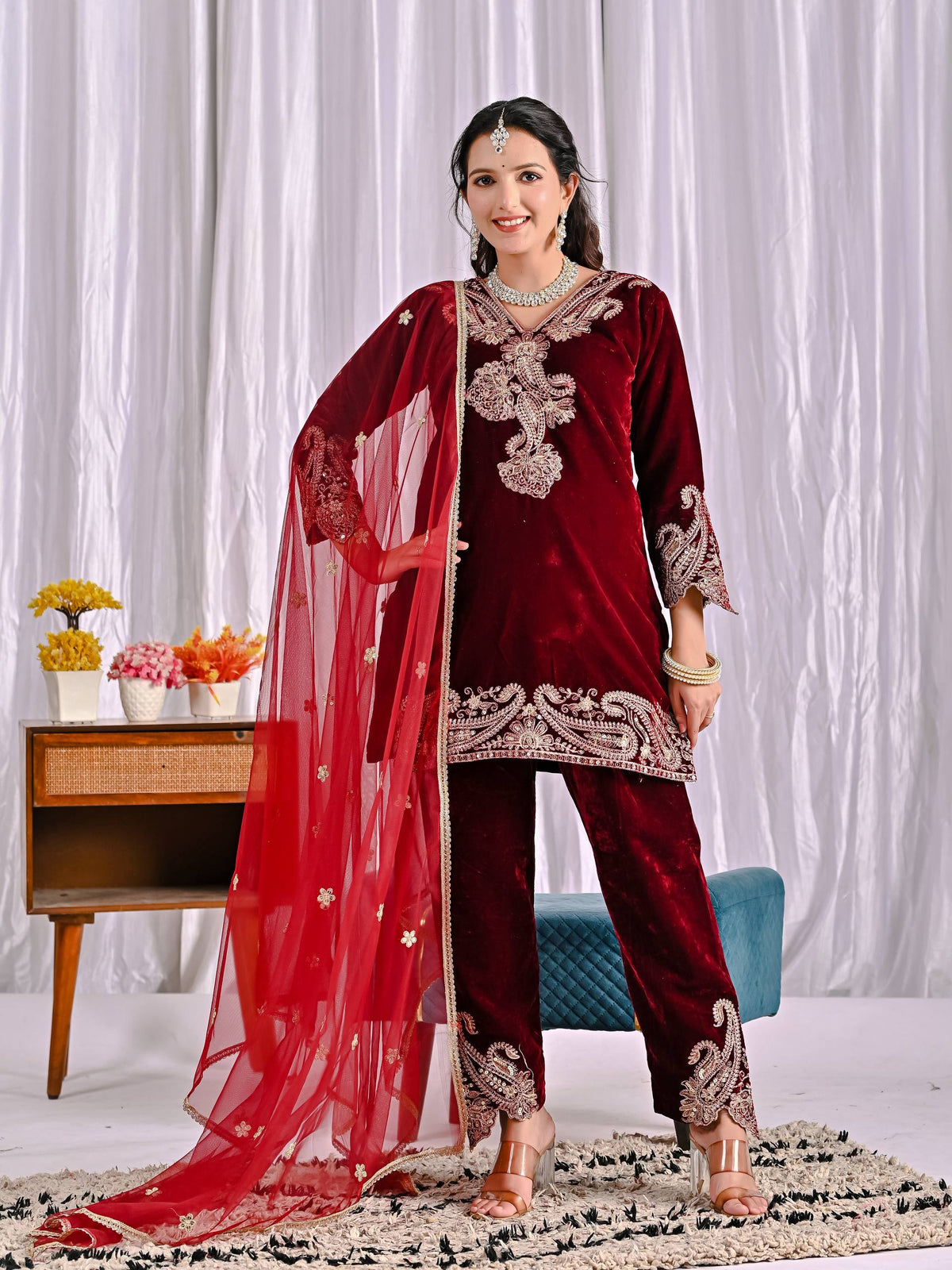 Premium Velvet Embroidered Suit for Women with Pant & Butterfly Net Dupatta