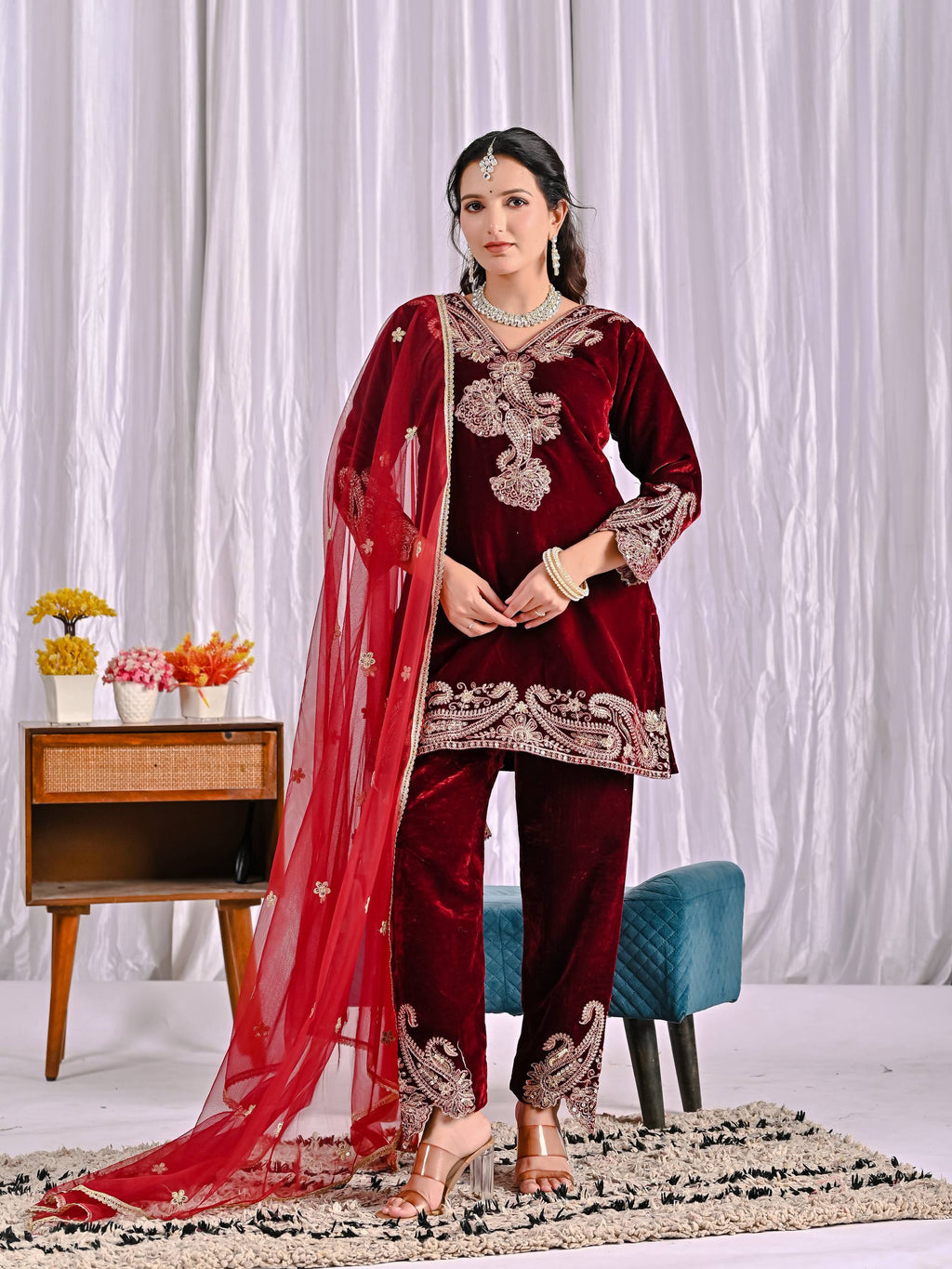 Premium Velvet Embroidered Suit for Women with Pant & Butterfly Net Dupatta