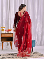 Premium Velvet Embroidered Suit for Women with Pant & Butterfly Net Dupatta