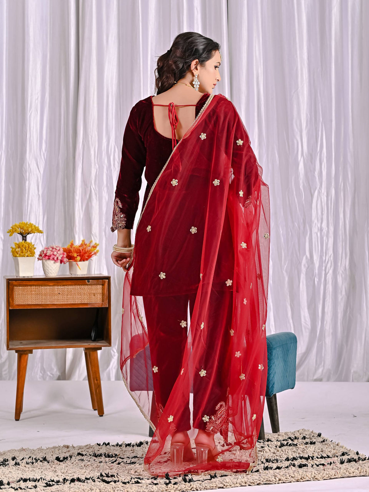 Premium Velvet Embroidered Suit for Women with Pant & Butterfly Net Dupatta