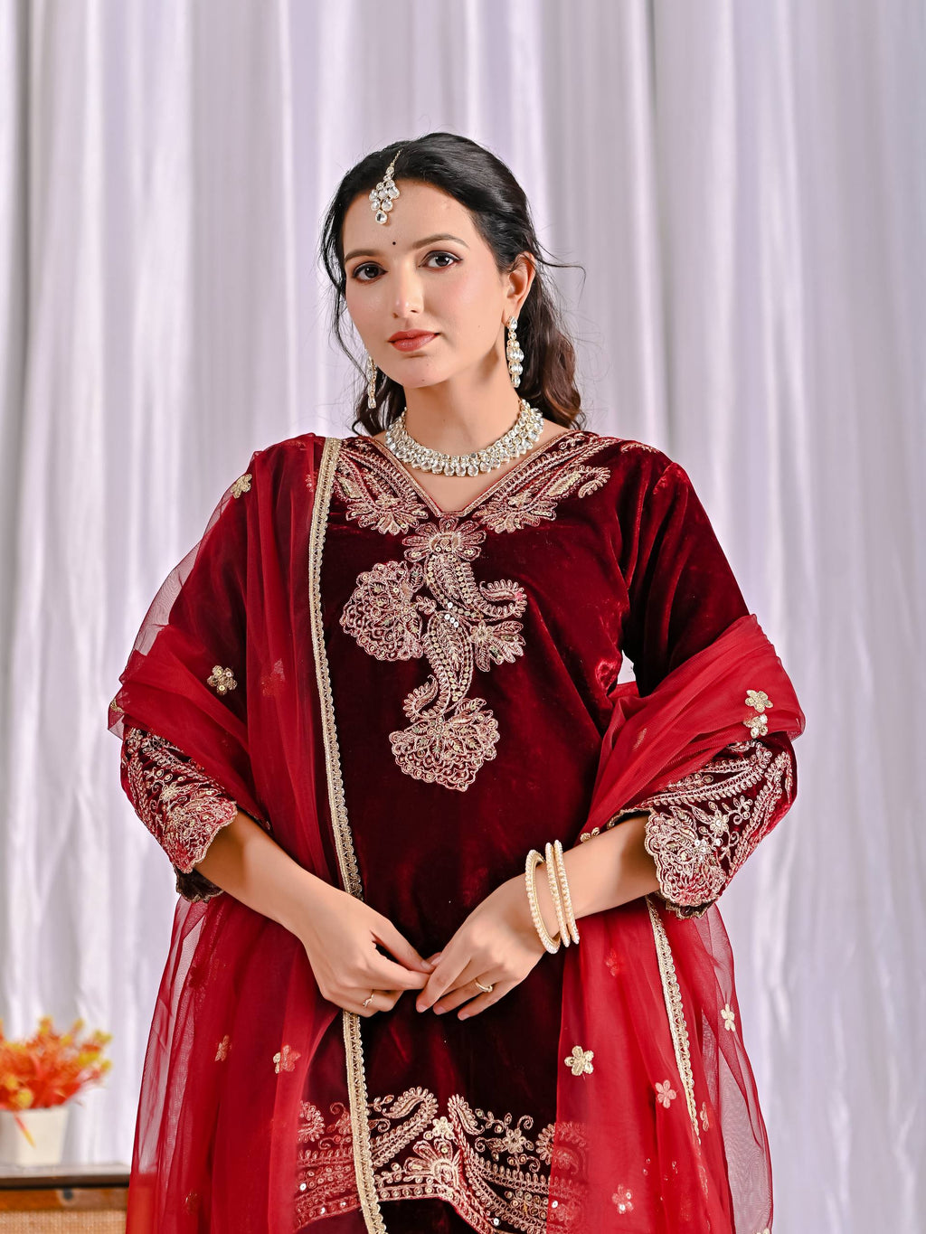 Premium Velvet Embroidered Suit for Women with Pant & Butterfly Net Dupatta