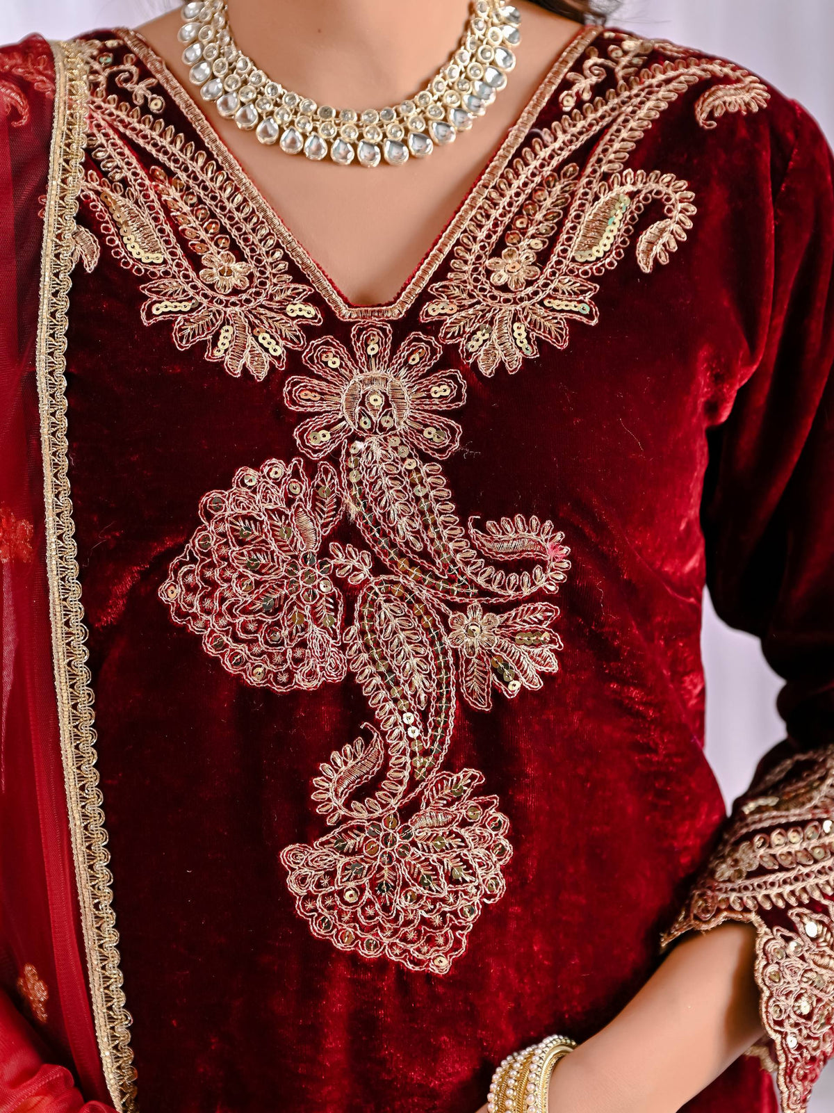 Premium Velvet Embroidered Suit for Women with Pant & Butterfly Net Dupatta
