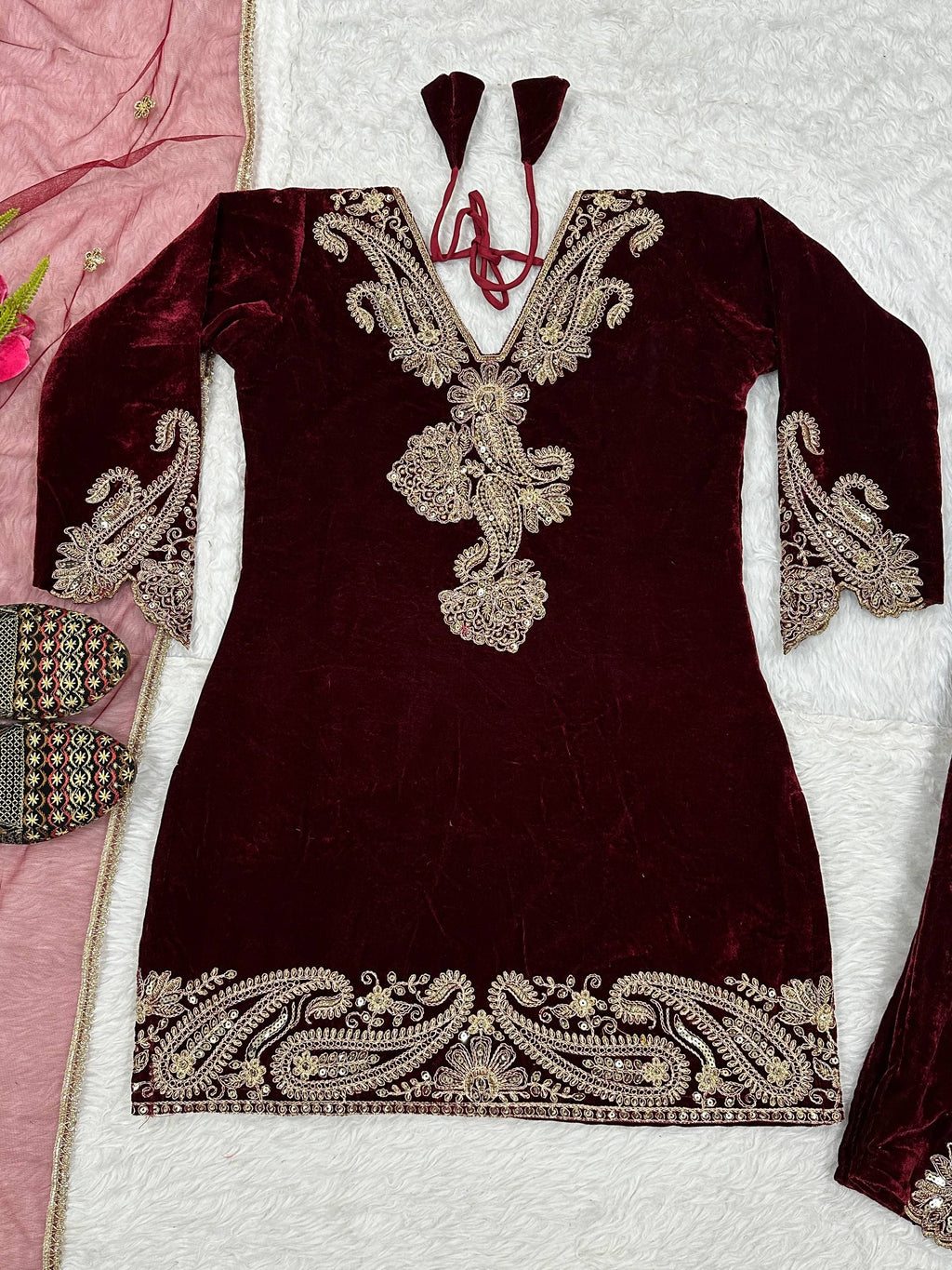Premium Velvet Embroidered Suit for Women with Pant & Butterfly Net Dupatta