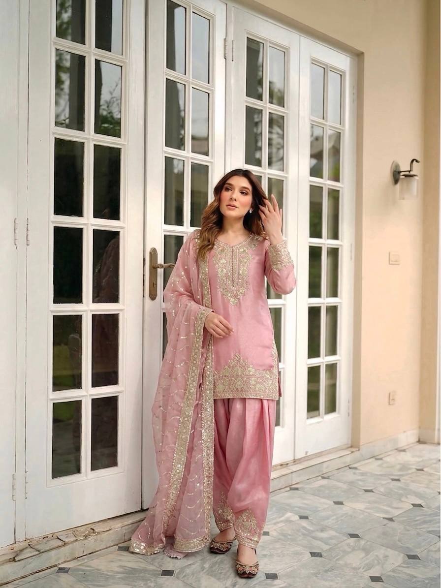 Myra NC Moss Silk Sequins Embroidered Farshi Palazzo Suit with Dupatta