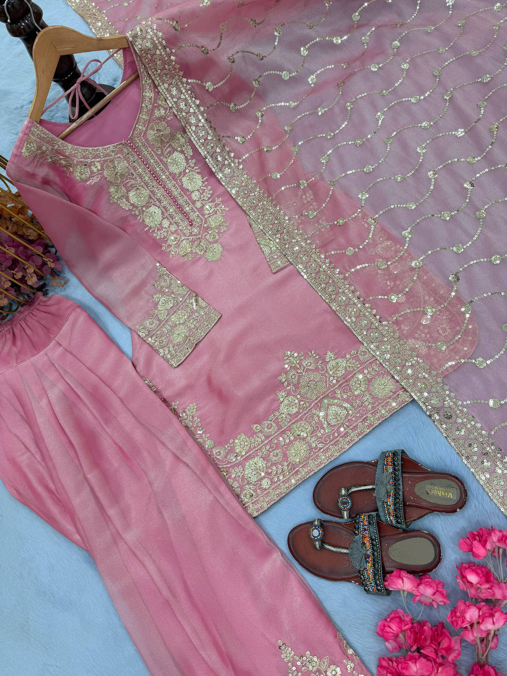 Myra NC Moss Silk Sequins Embroidered Farshi Palazzo Suit with Dupatta
