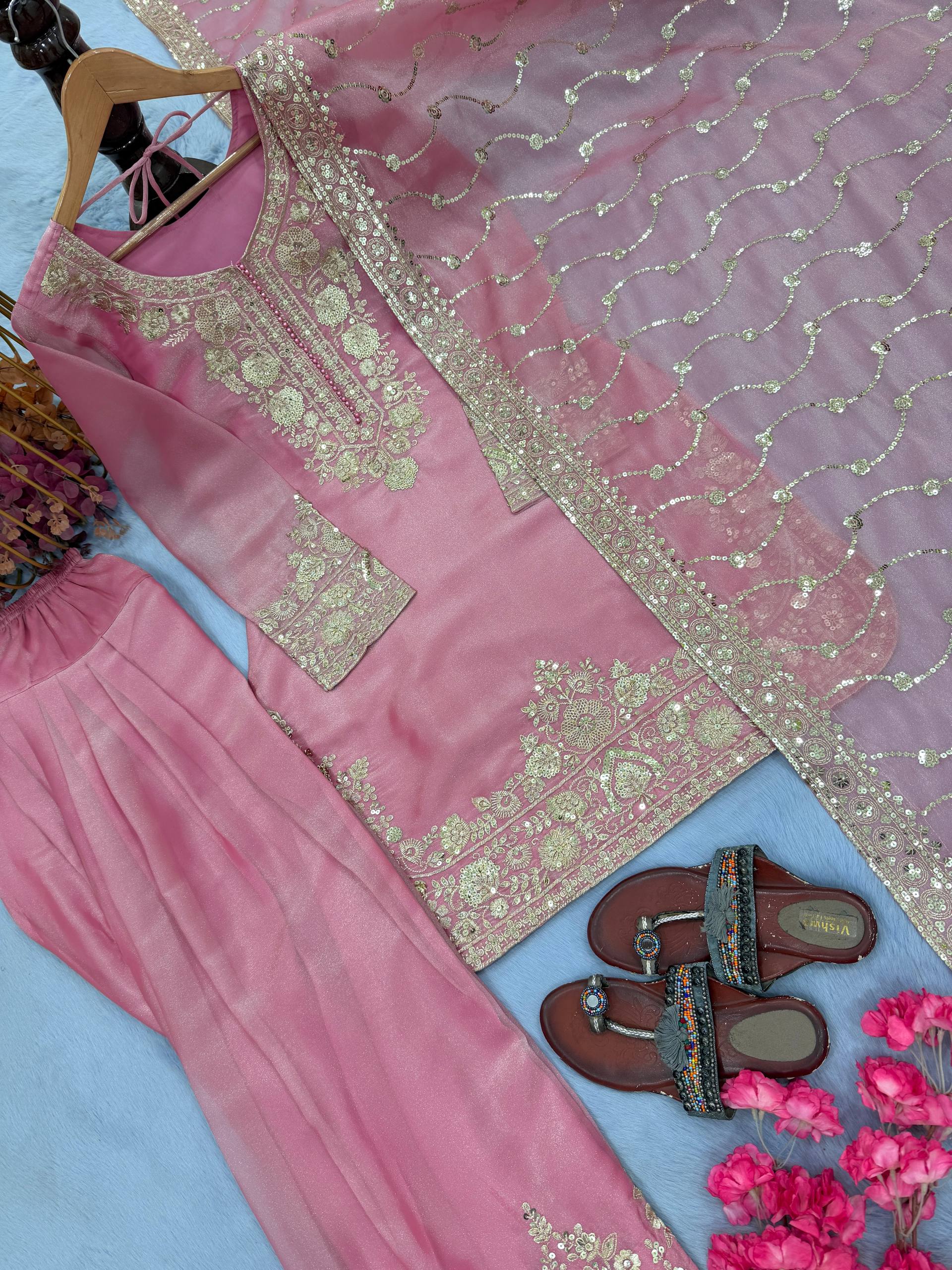 Myra NC Moss Silk Sequins Embroidered Farshi Palazzo Suit with Dupatta