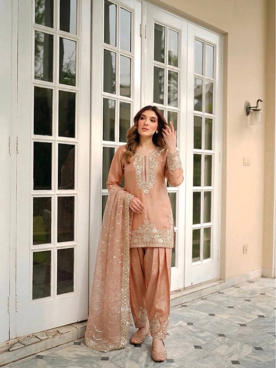 Myra NC Moss Silk Sequins Embroidered Farshi Palazzo Suit with Dupatta