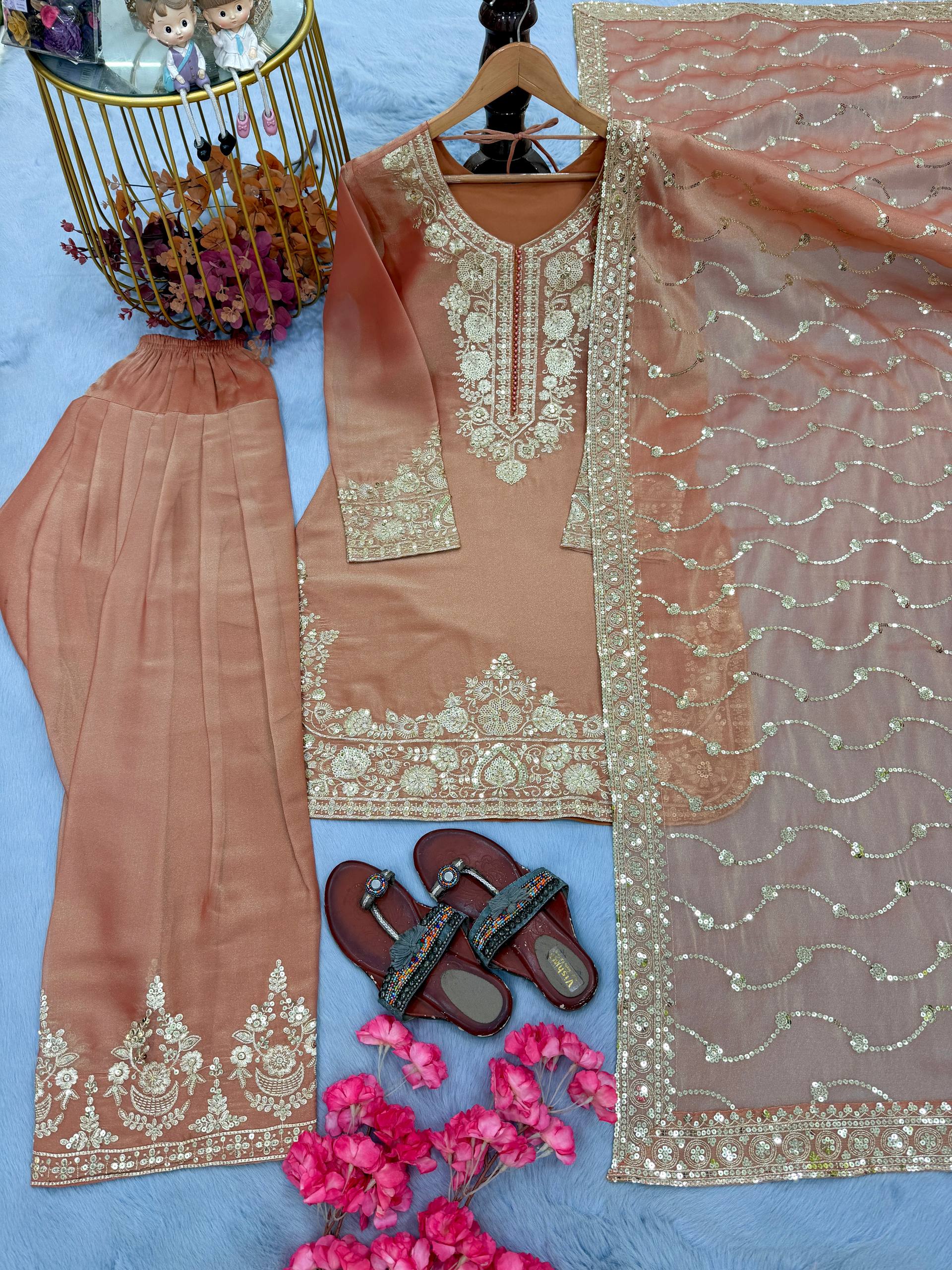 Myra NC Moss Silk Sequins Embroidered Farshi Palazzo Suit with Dupatta