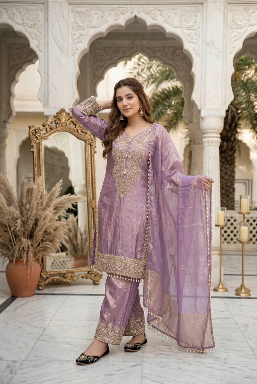 Aarishi Heavy Fendy Silk Embroidered Coding Sequins Kurti Palazzo with Dupatta Set