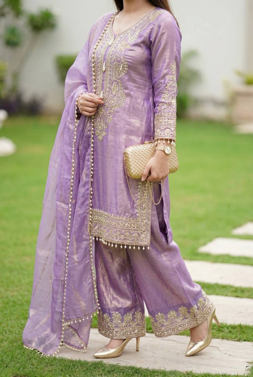 Aarishi Heavy Fendy Silk Embroidered Coding Sequins Kurti Palazzo with Dupatta Set
