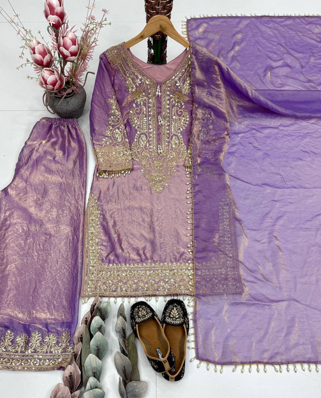 Aarishi Heavy Fendy Silk Embroidered Coding Sequins Kurti Palazzo with Dupatta Set