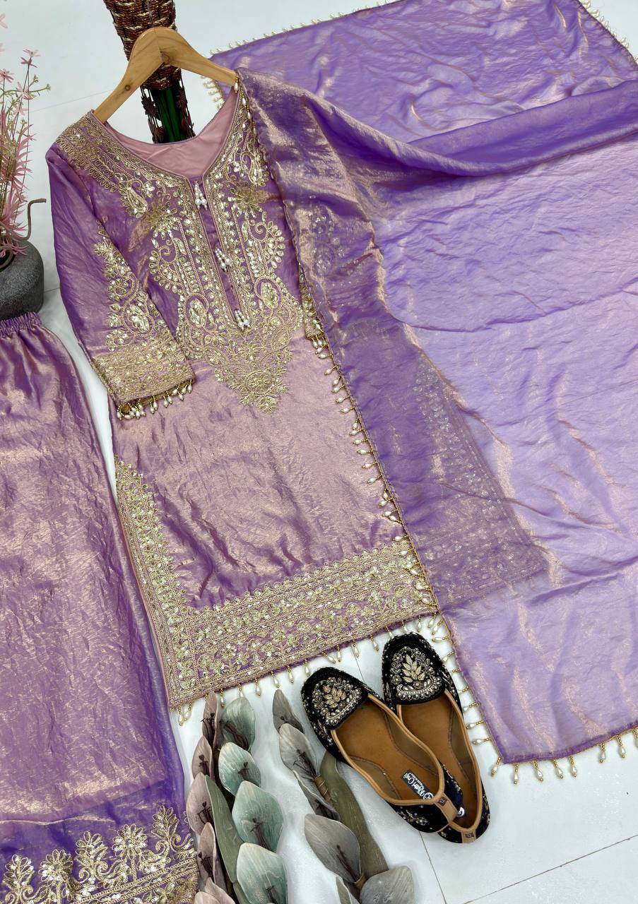 Aarishi Heavy Fendy Silk Embroidered Coding Sequins Kurti Palazzo with Dupatta Set