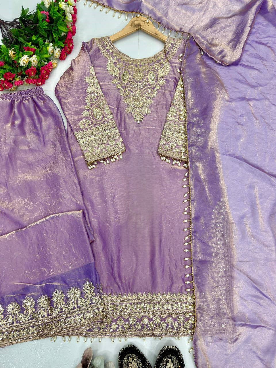 Aarishi Heavy Fendy Silk Embroidered Coding Sequins Kurti Palazzo with Dupatta Set