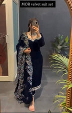 Navy Blue Velvet Kurta Set with Thread & Sequins Embroidery