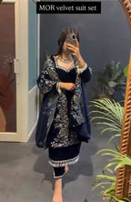 Navy Blue Velvet Kurta Set with Thread & Sequins Embroidery