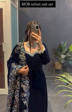 Navy Blue Velvet Kurta Set with Thread & Sequins Embroidery
