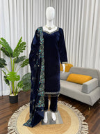 Navy Blue Velvet Kurta Set with Thread & Sequins Embroidery