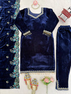 Navy Blue Velvet Kurta Set with Thread & Sequins Embroidery